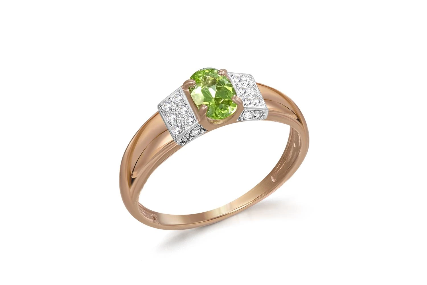 Кольцо из красного золота с хризолитом и 20 фианитами