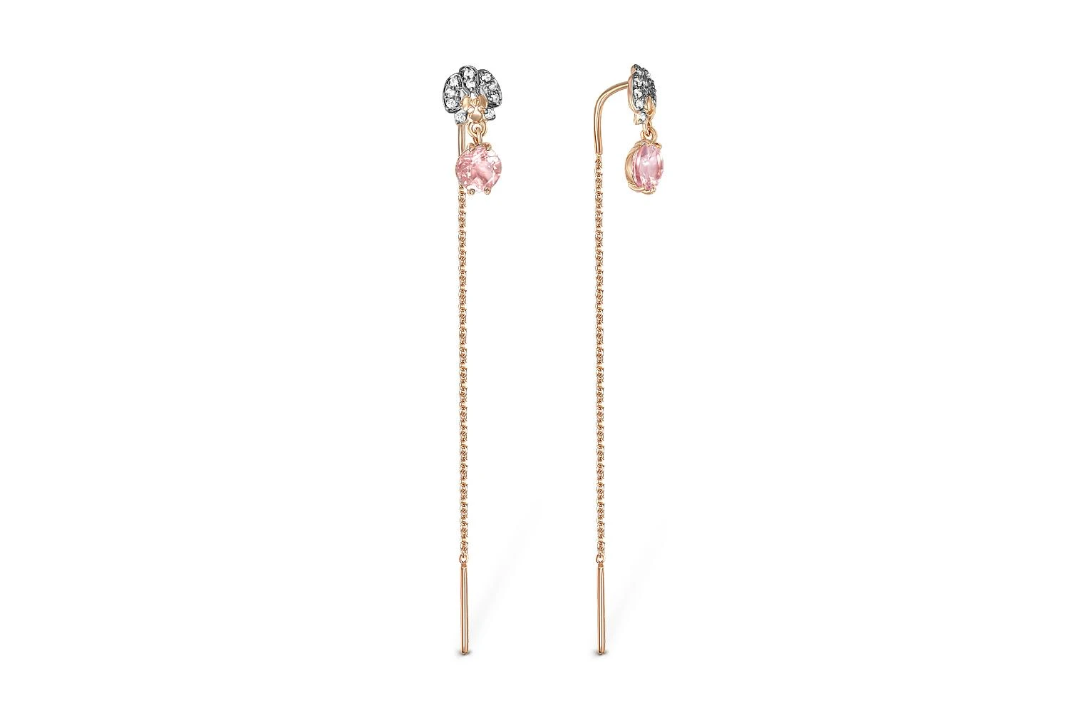 Серьги-продёвки из красного золота с 2 морганитами и 20 фианитами