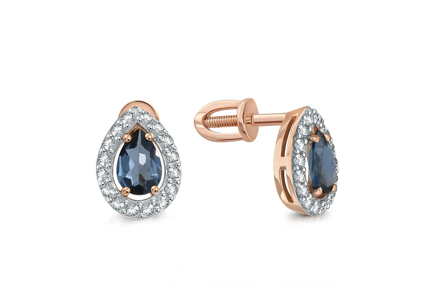 Серьги-пусеты из красного золота с 2 топазами лондон и 32 фианитами