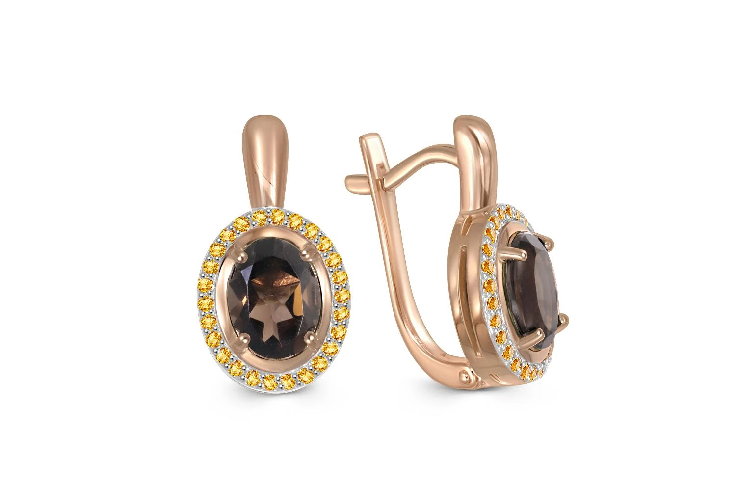 Серьги из красного золота с 2 раухтопазами и 52 сапфирами