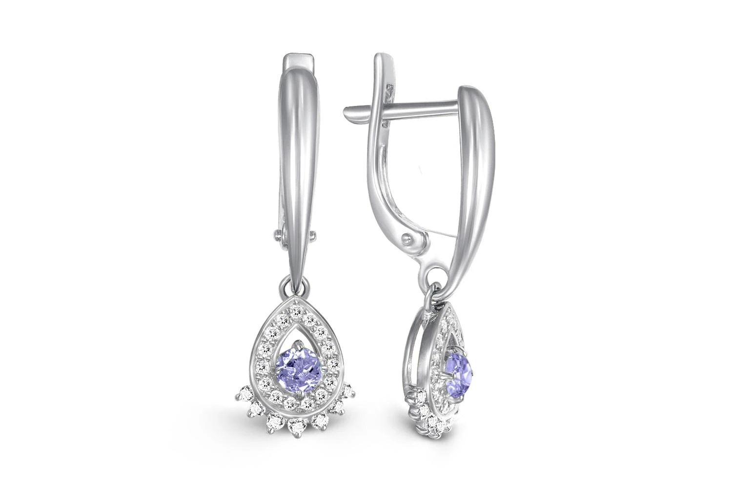 Серьги из белого золота с 2 танзанитами и 44 фианитами