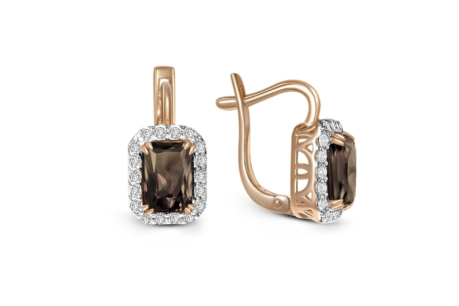 Серьги из красного золота с 2 раухтопазами и 36 фианитами