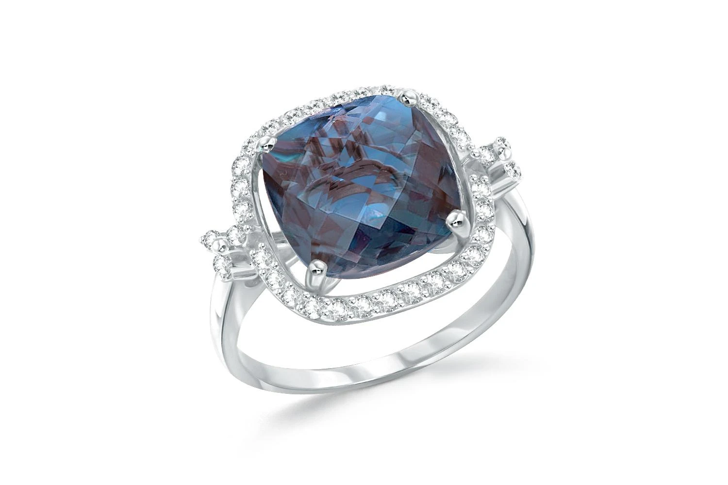 Кольцо из белого золота с александритом и 34 фианитами