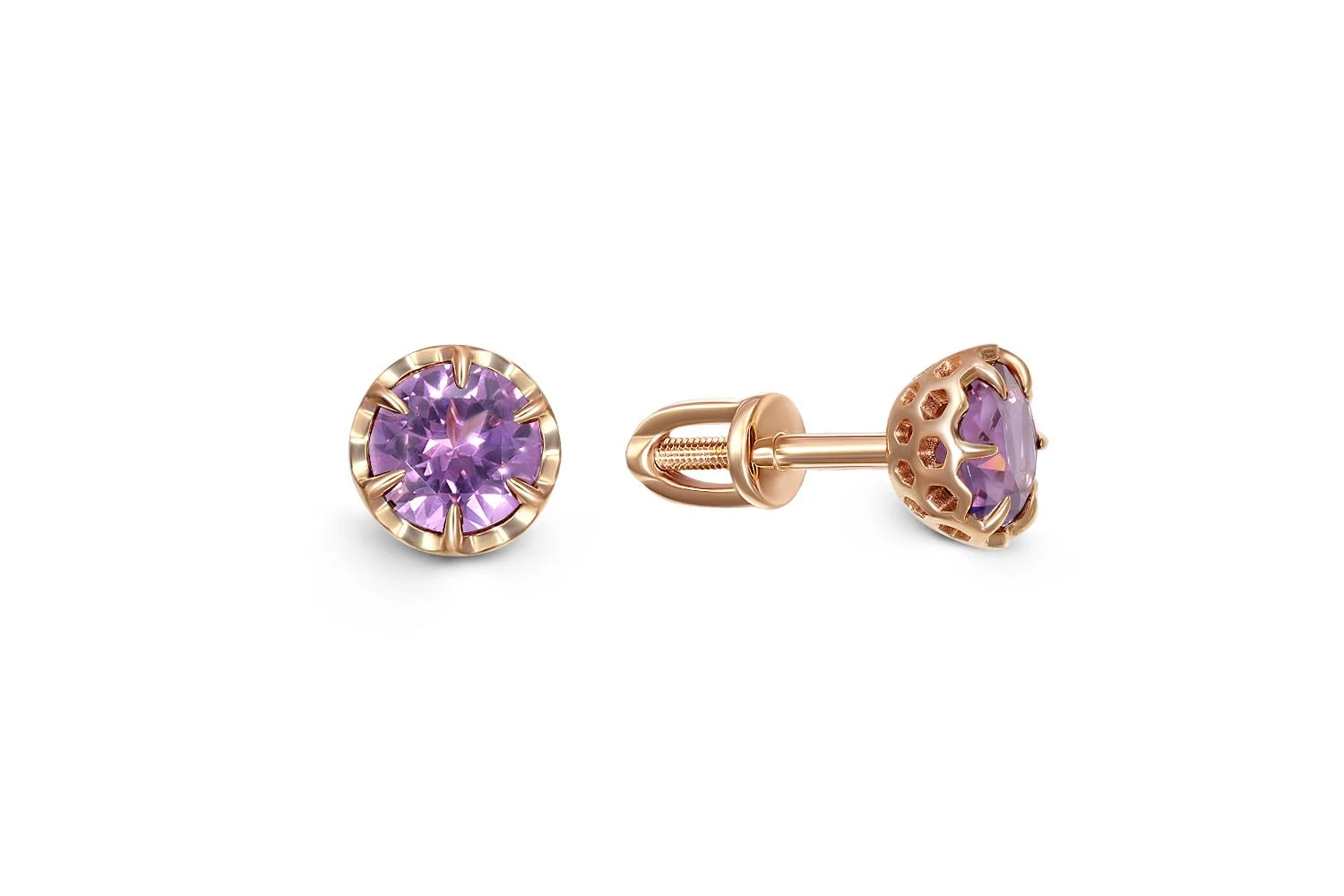 Серьги-пусеты из красного золота с 2 аметистами