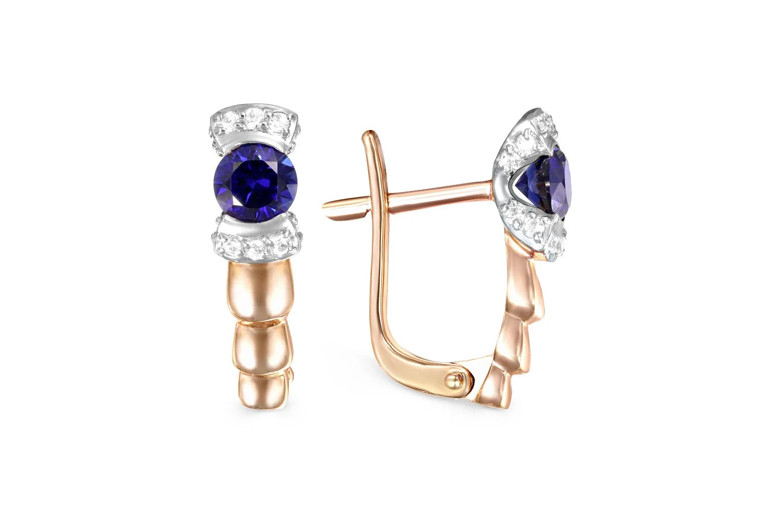 Серьги из красного золота с 2 корундами и 24 фианитами