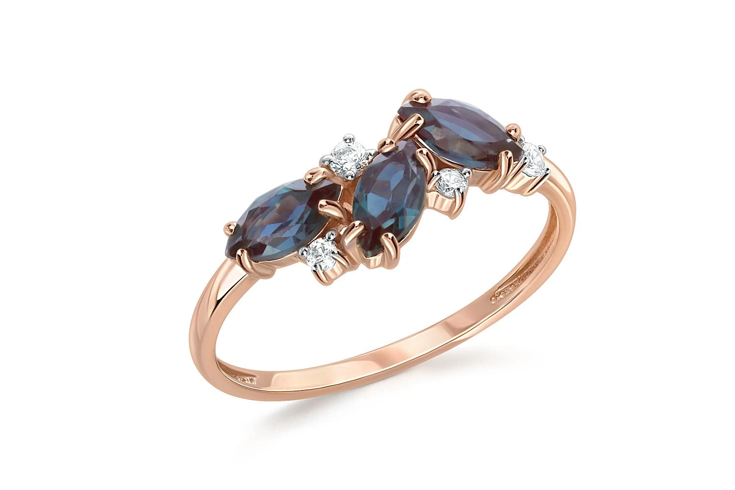 Кольцо из красного золота с 3 александритами и 4 фианитами