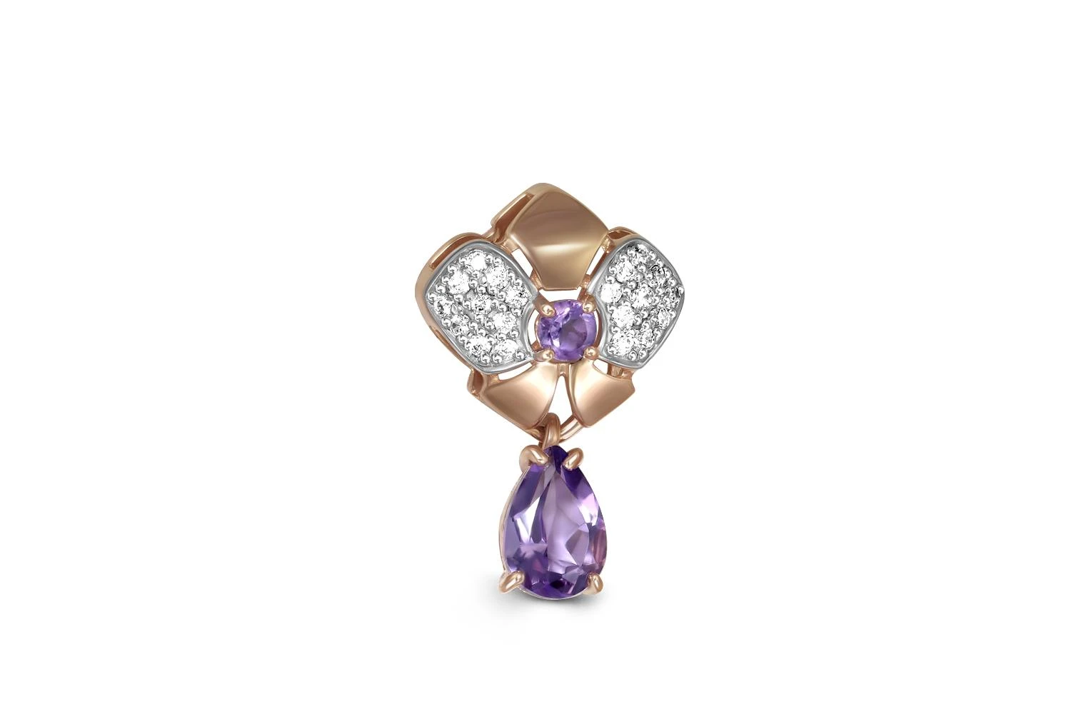 Подвеска Бантик из красного золота с 2 аметистами и 20 фианитами