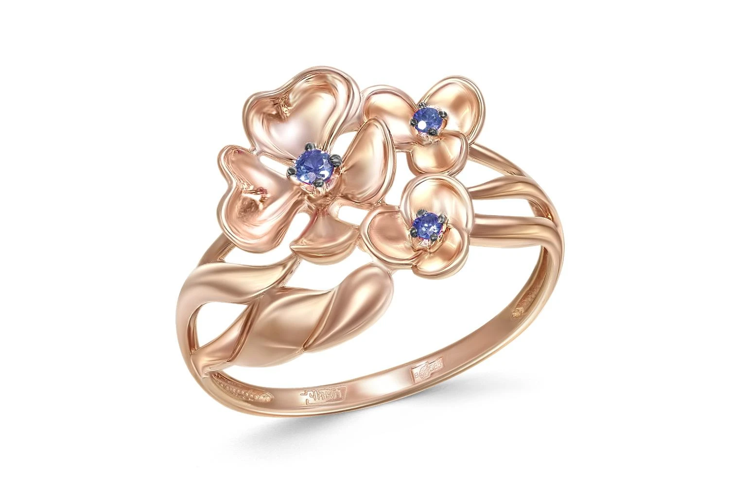 Кольцо Цветок из красного золота с 3 сапфирами