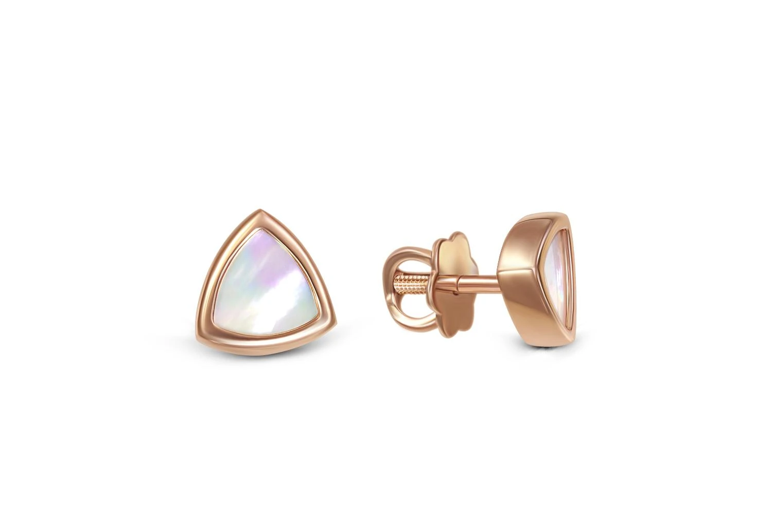 Детские серьги-пусеты Треугольники из красного золота с перламутром