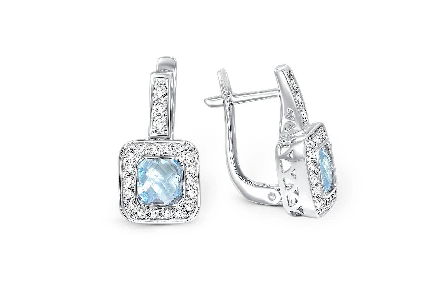 Серьги из белого золота с 2 топазами sky и 42 фианитами