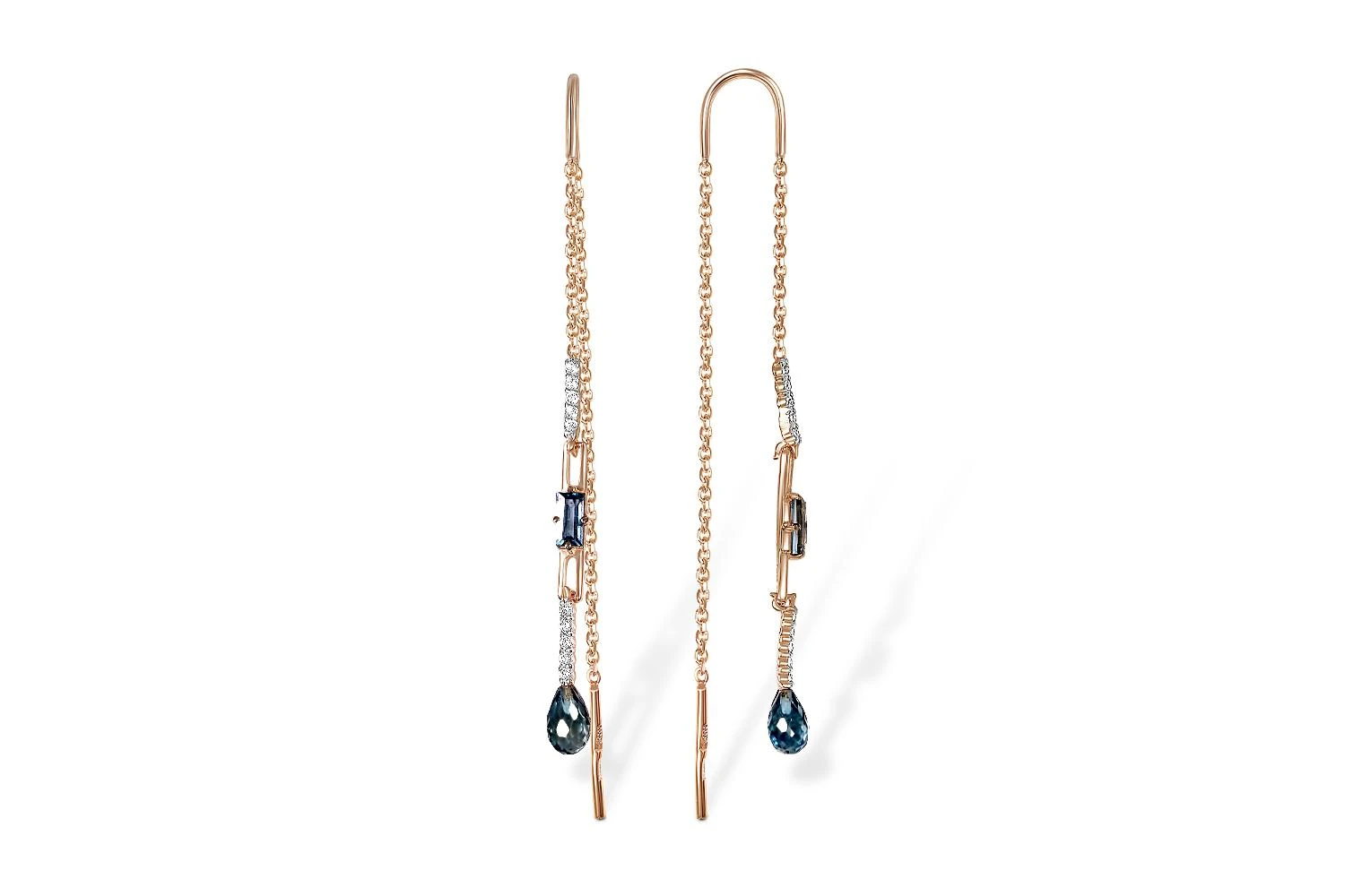 Серьги-продёвки из красного золота с 4 топазами лондон и 20 фианитами