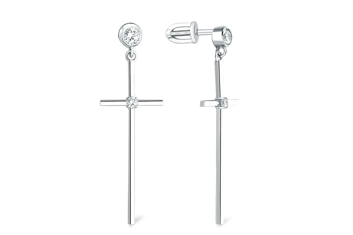Серьги-пусеты Кресты из белого золота с 4 фианитами