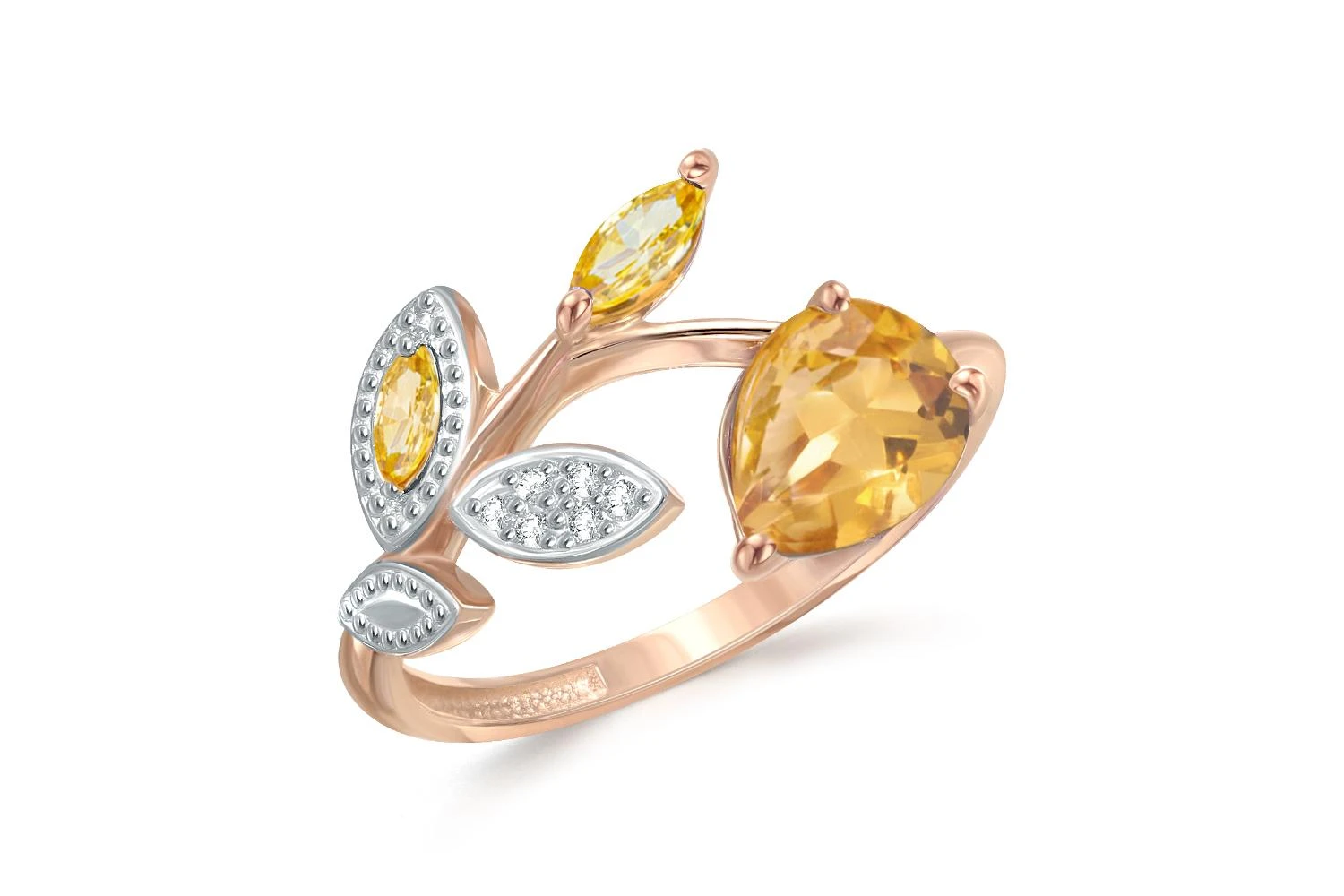 Кольцо Веточка из красного золота с цитрином и 8 фианитами