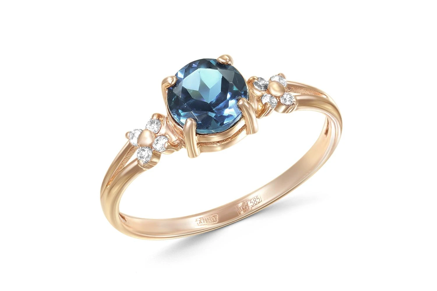 Кольцо из красного золота с кварцем и 8 фианитами