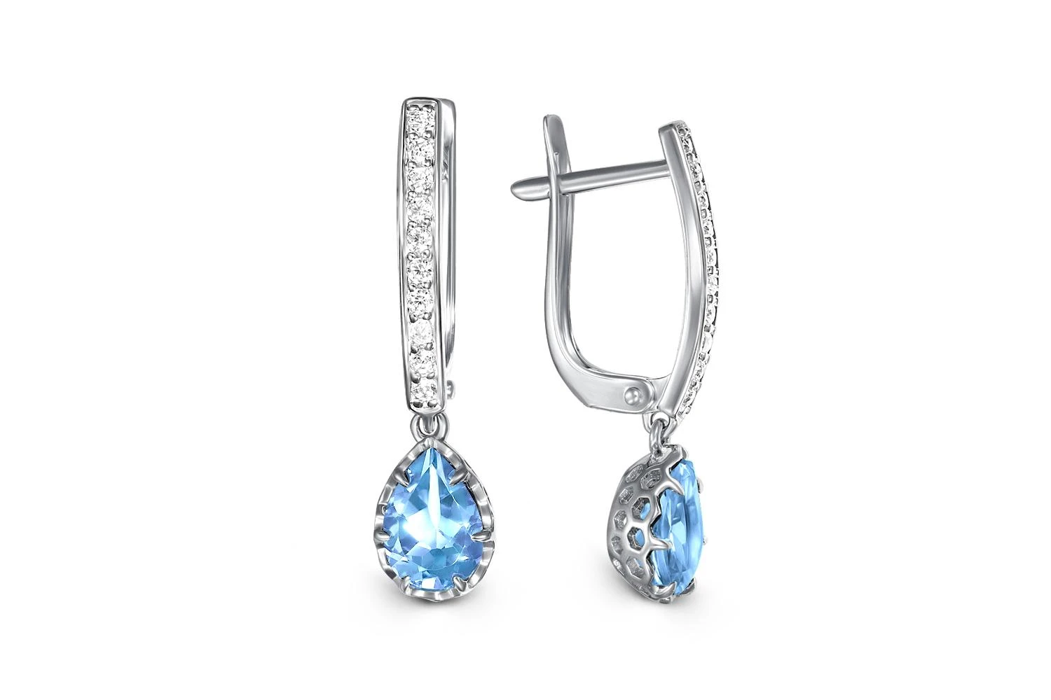 Серьги из белого золота с 2 топазами swiss и 20 фианитами