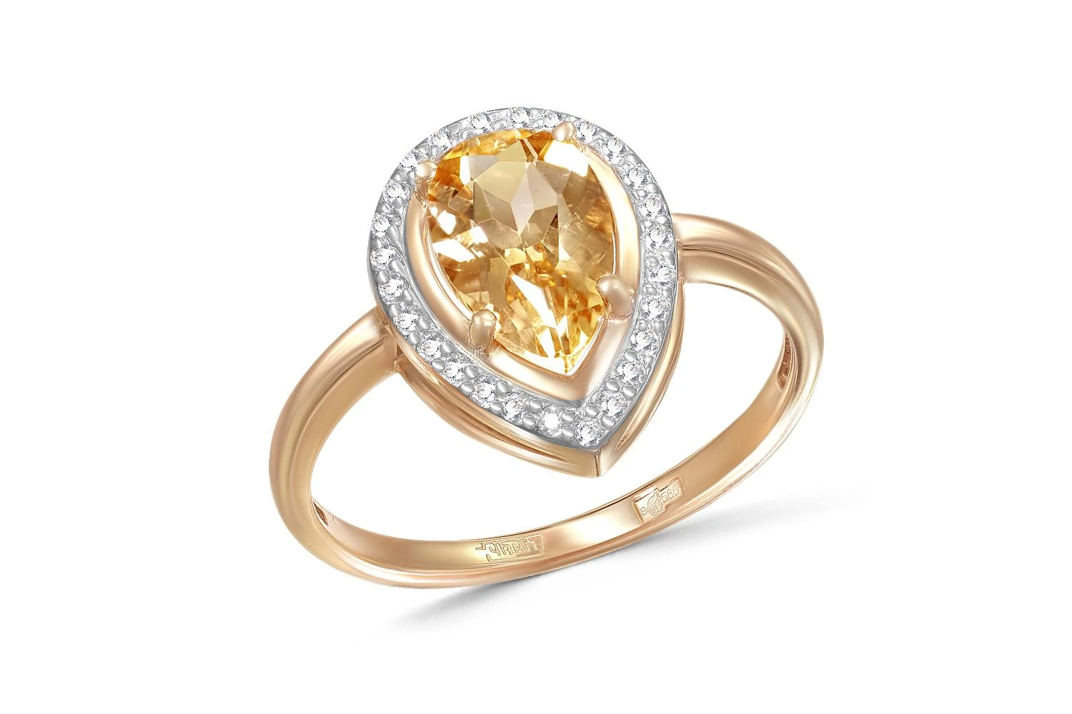 Кольцо из красного золота с цитрином и 26 фианитами