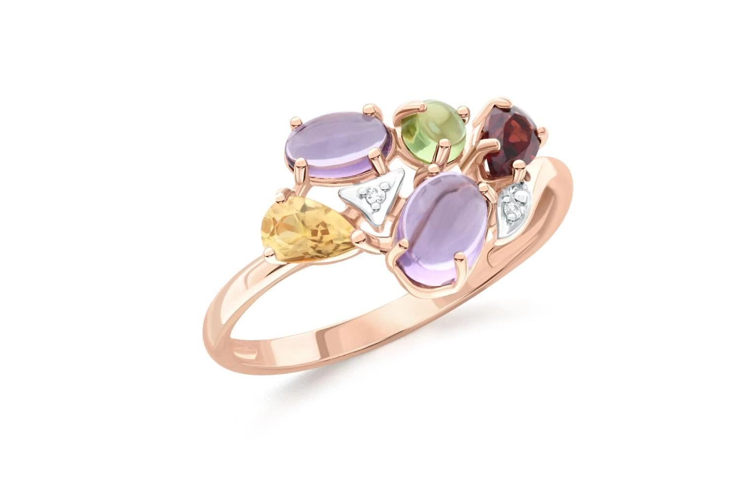 Кольцо из красного золота с аметистами, гранатом и хризолитом