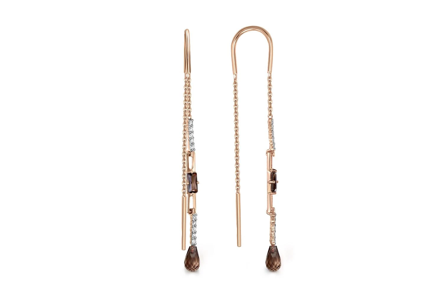 Серьги-продёвки из жёлтого золота с 4 раухтопазами и 20 фианитами