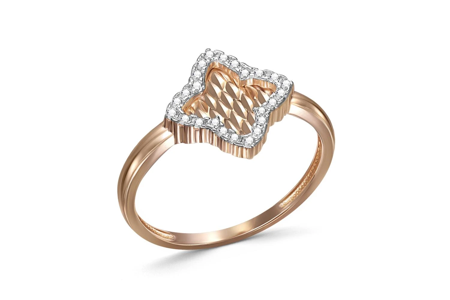 Кольцо Клевер из красного золота с 24 фианитами