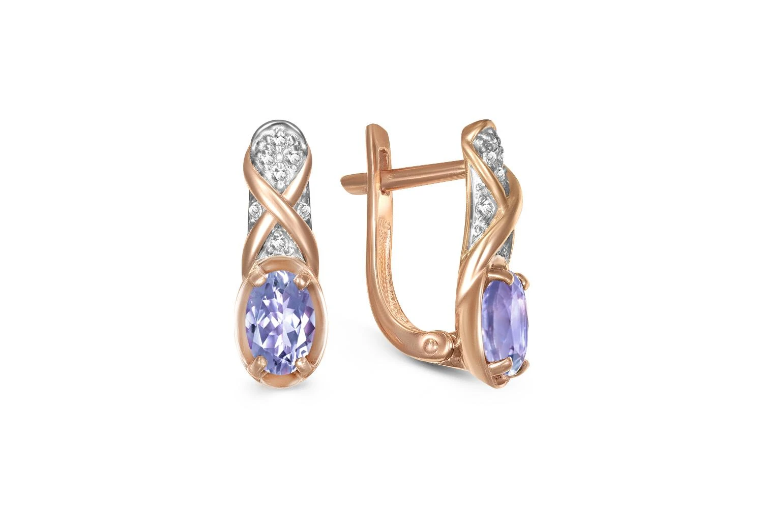 Серьги из красного золота с 2 танзанитами и 14 фианитами