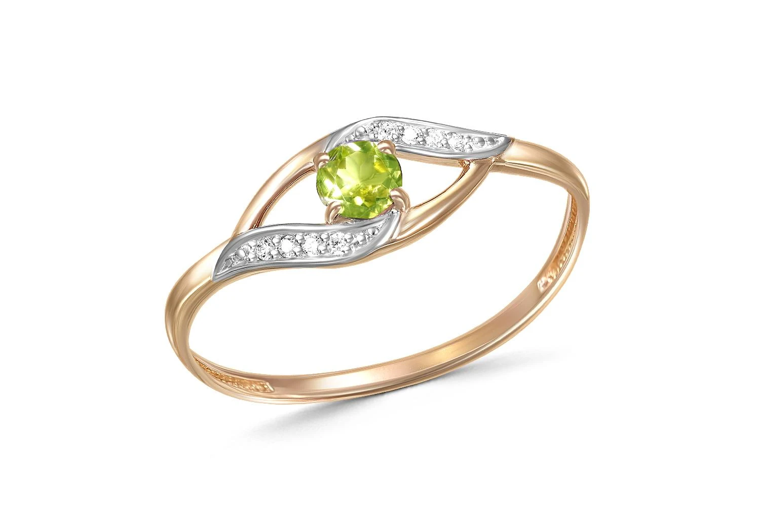 Кольцо из красного золота с хризолитом и 8 фианитами