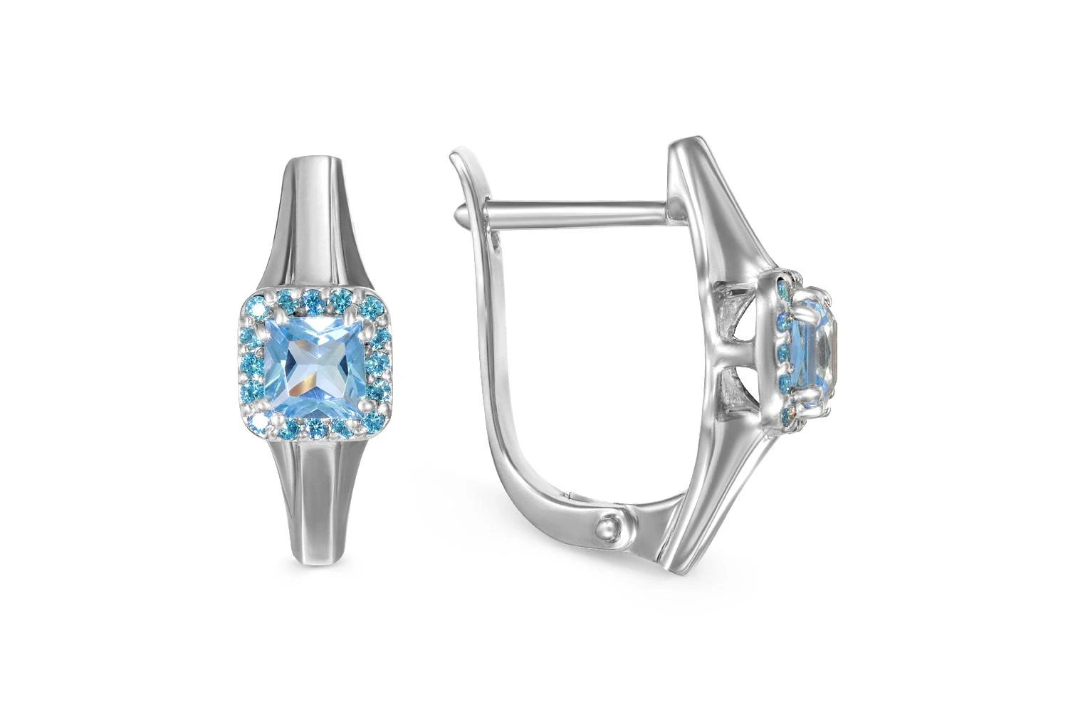 Серьги из белого золота с 2 топазами swiss и 32 фианитами