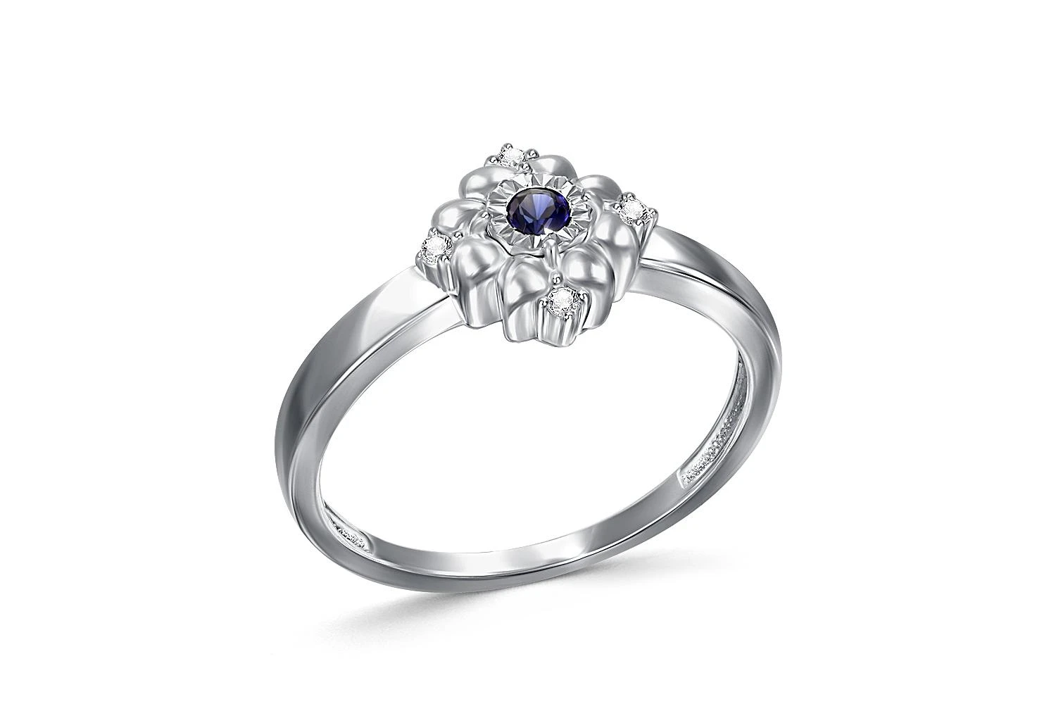 Кольцо Цветок из белого золота с корундом и 4 фианитами