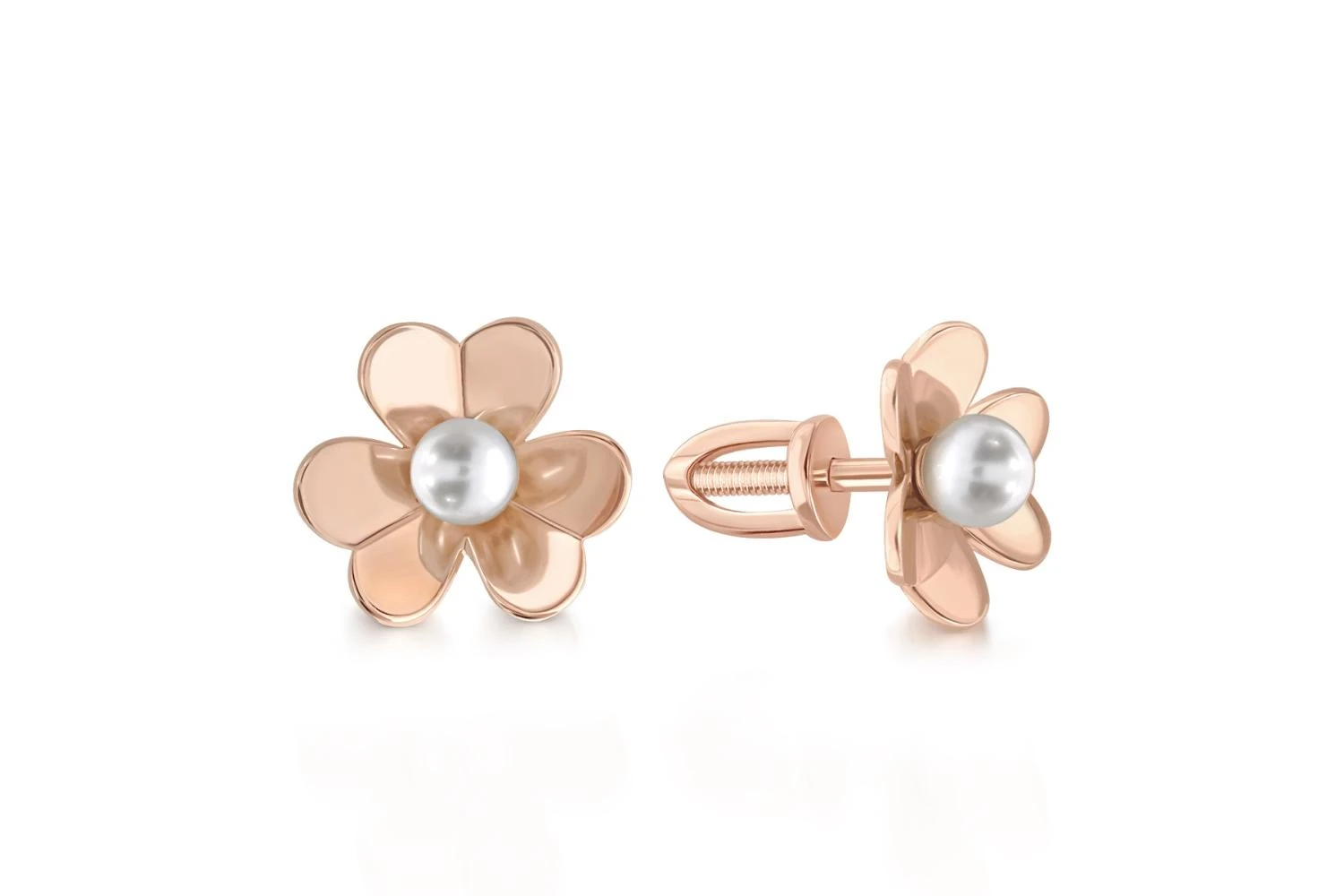 Серьги-пусеты Цветы из красного золота с 2 жемчужинами