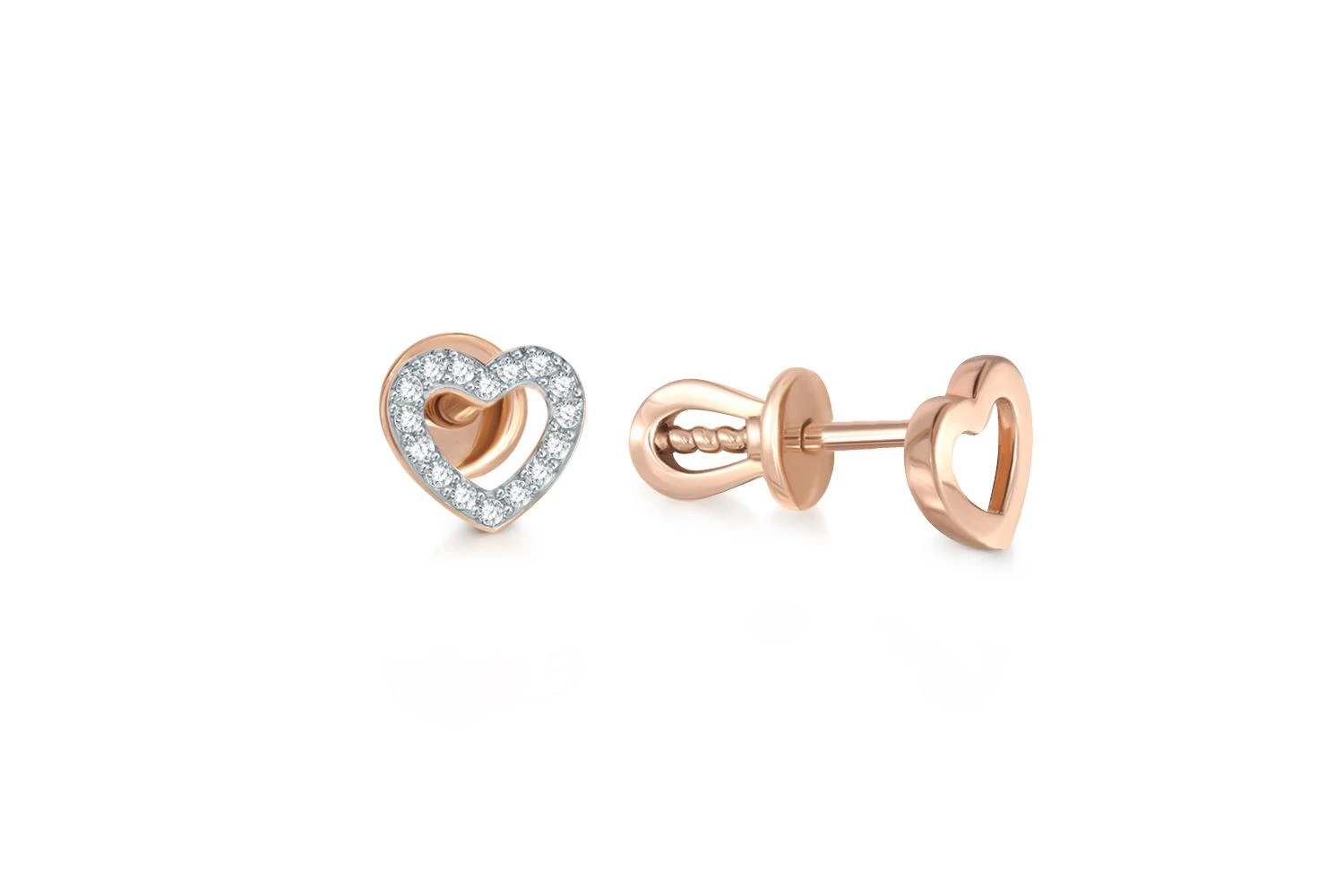 Серьги-пусеты Сердца из красного золота с 16 фианитами