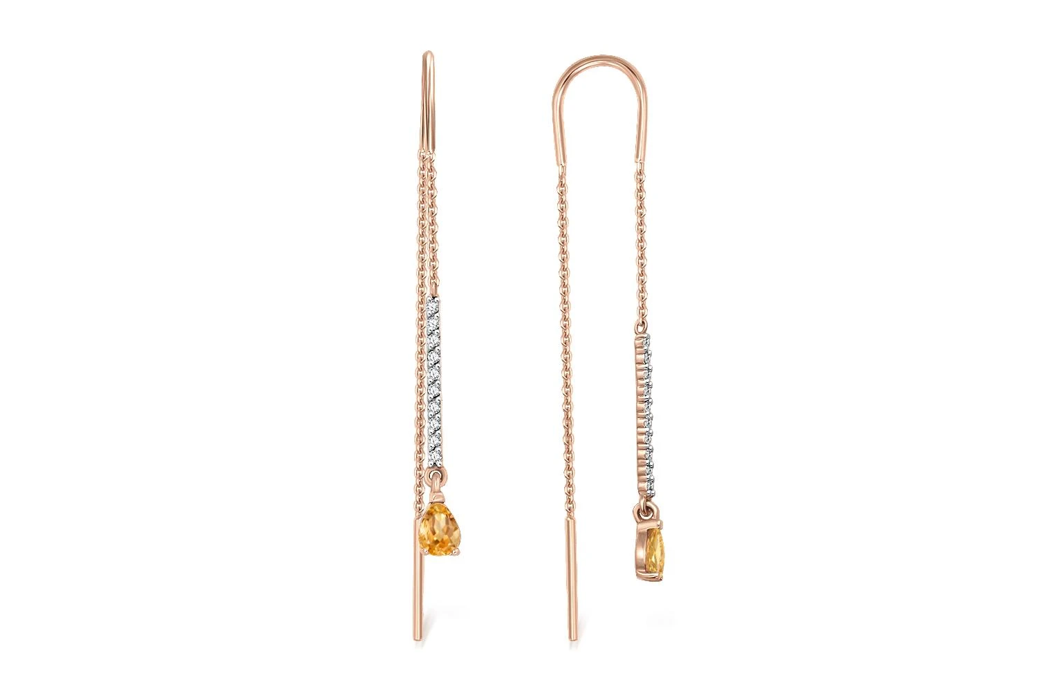 Серьги-продёвки Дорожки из красного золота с 2 цитринами и 20 фианитами