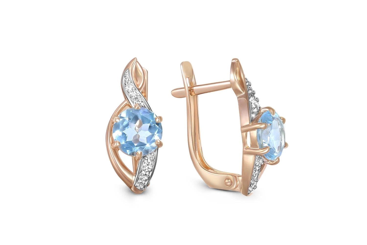 Серьги из красного золота с 2 топазами sky и 12 фианитами