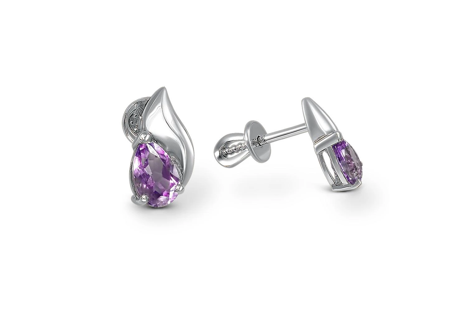 Серьги-пусеты из белого золота с 2 аметистами