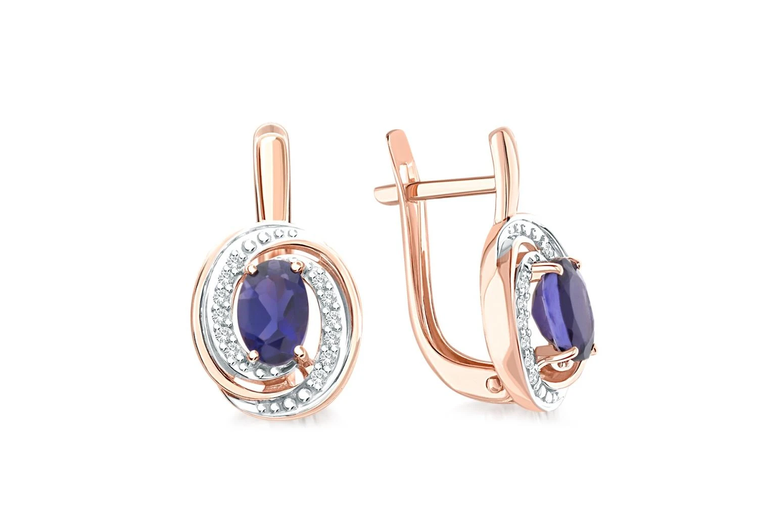 Серьги из красного золота с 2 иолитами и 24 фианитами