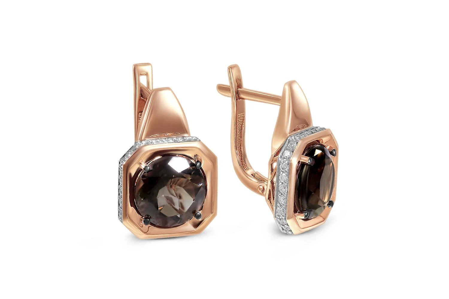 Серьги из красного золота с 2 раухтопазами и 56 фианитами