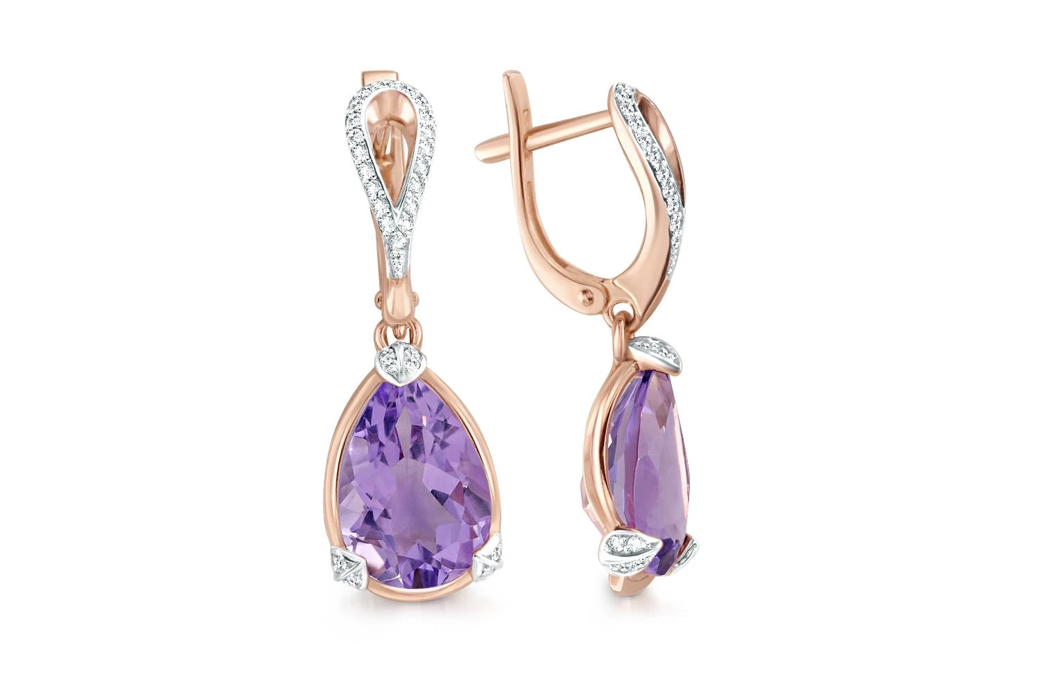 Серьги из красного золота с 2 аметистами и 64 фианитами
