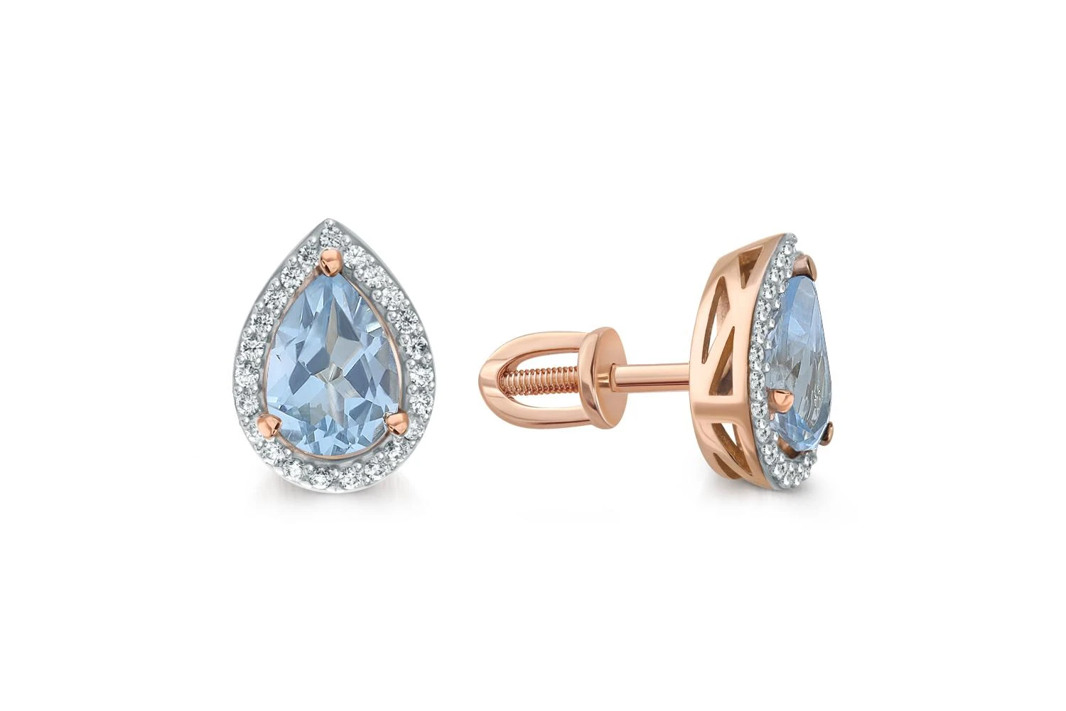 Серьги-пусеты из красного золота с 2 топазами sky и 46 фианитами