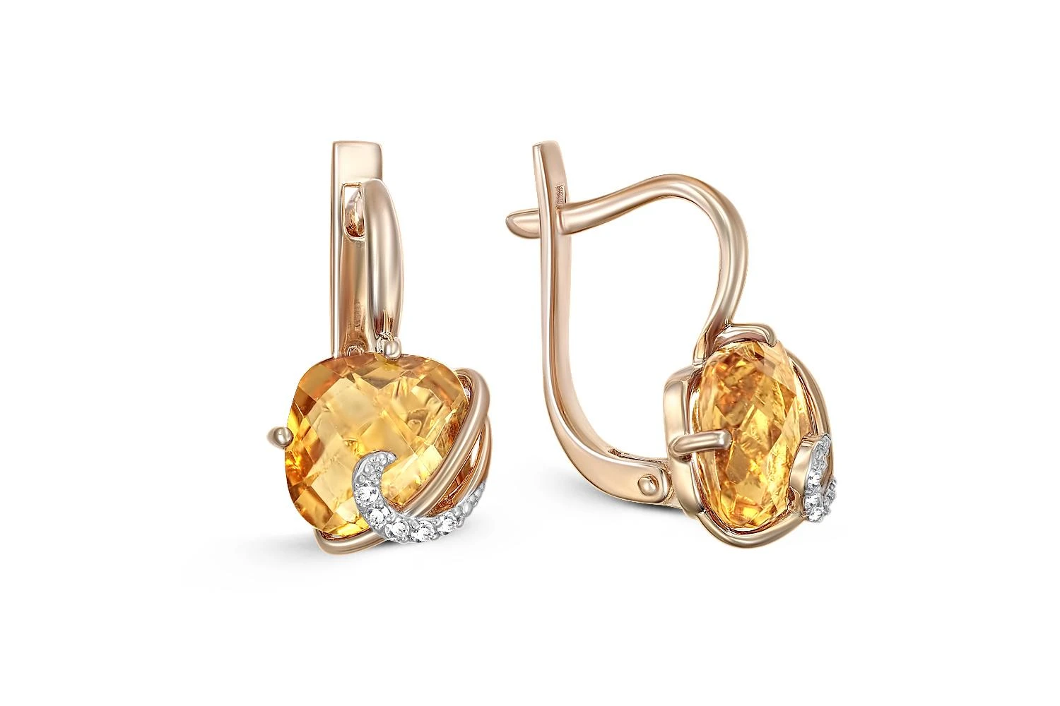 Серьги из красного золота с 2 цитринами и 10 фианитами