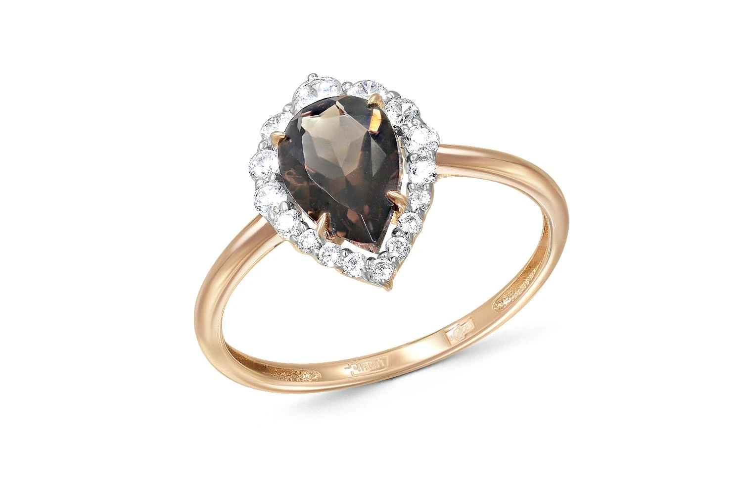 Кольцо из красного золота с раухтопазом и 9 фианитами