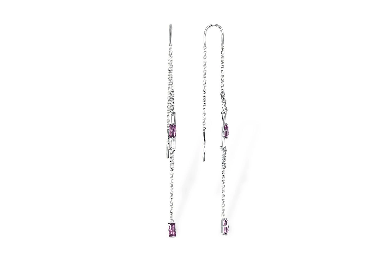 Серьги-продёвки из белого золота с 4 аметистами и 20 бриллиантами