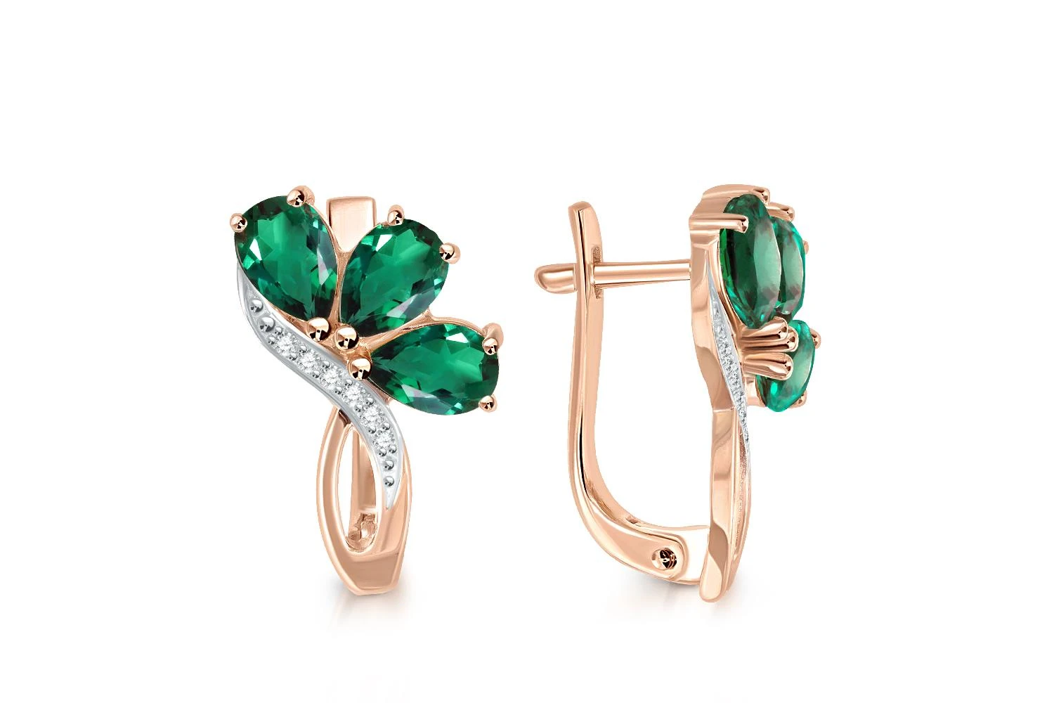 Серьги Цветы из красного золота с 6 изумрудами и 12 фианитами
