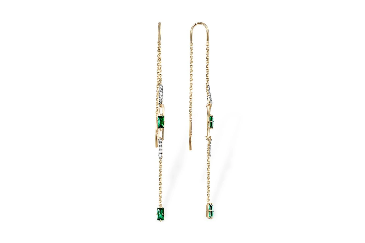 Серьги-продёвки из жёлтого золота с 4 изумрудами и 20 бриллиантами