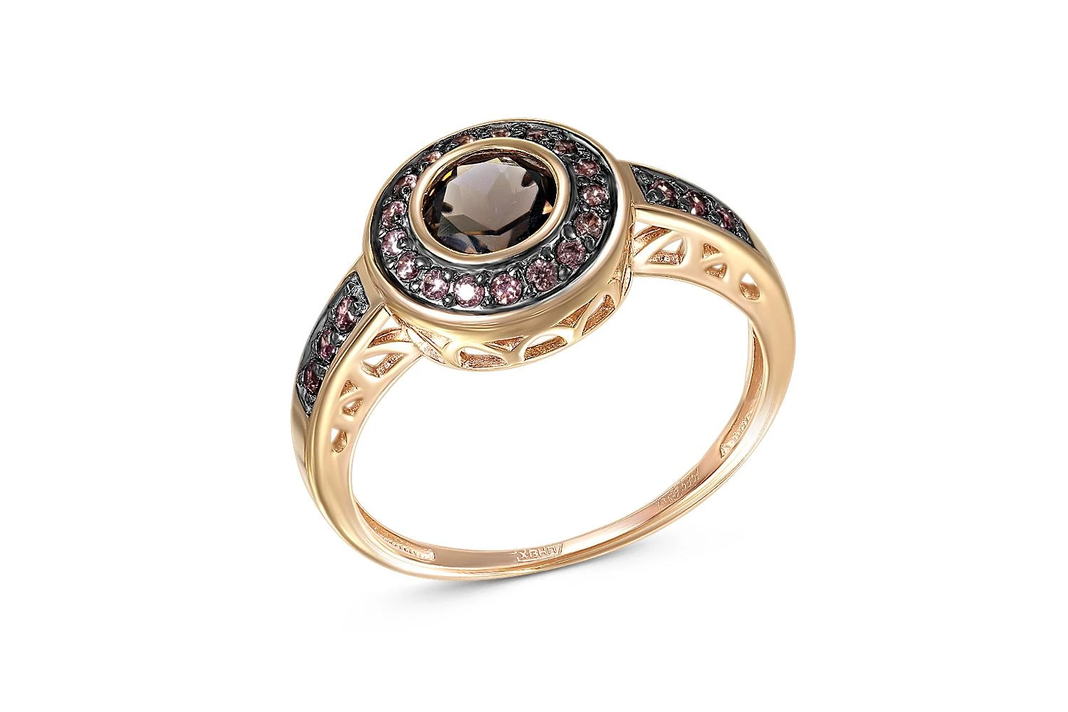 Кольцо из красного золота с раухтопазом и 23 фианитами