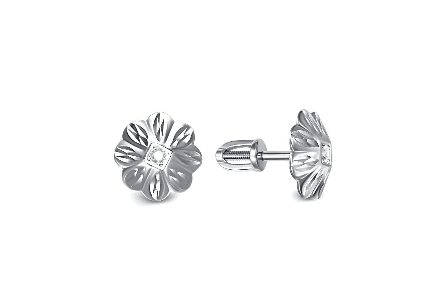 Серьги-пусеты Цветы из белого золота с 2 фианитами