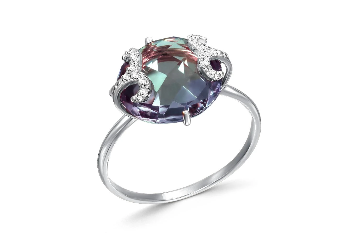 Кольцо из белого золота с александритом и 14 фианитами