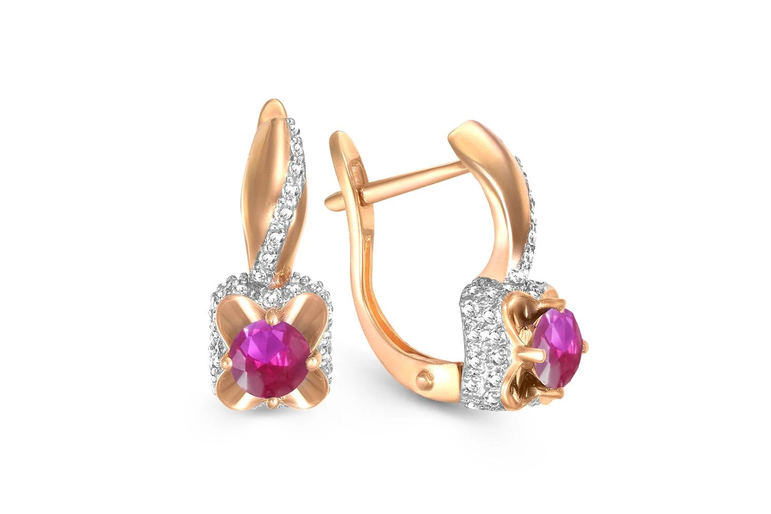 Серьги из красного золота с 2 корундами и 86 бриллиантами