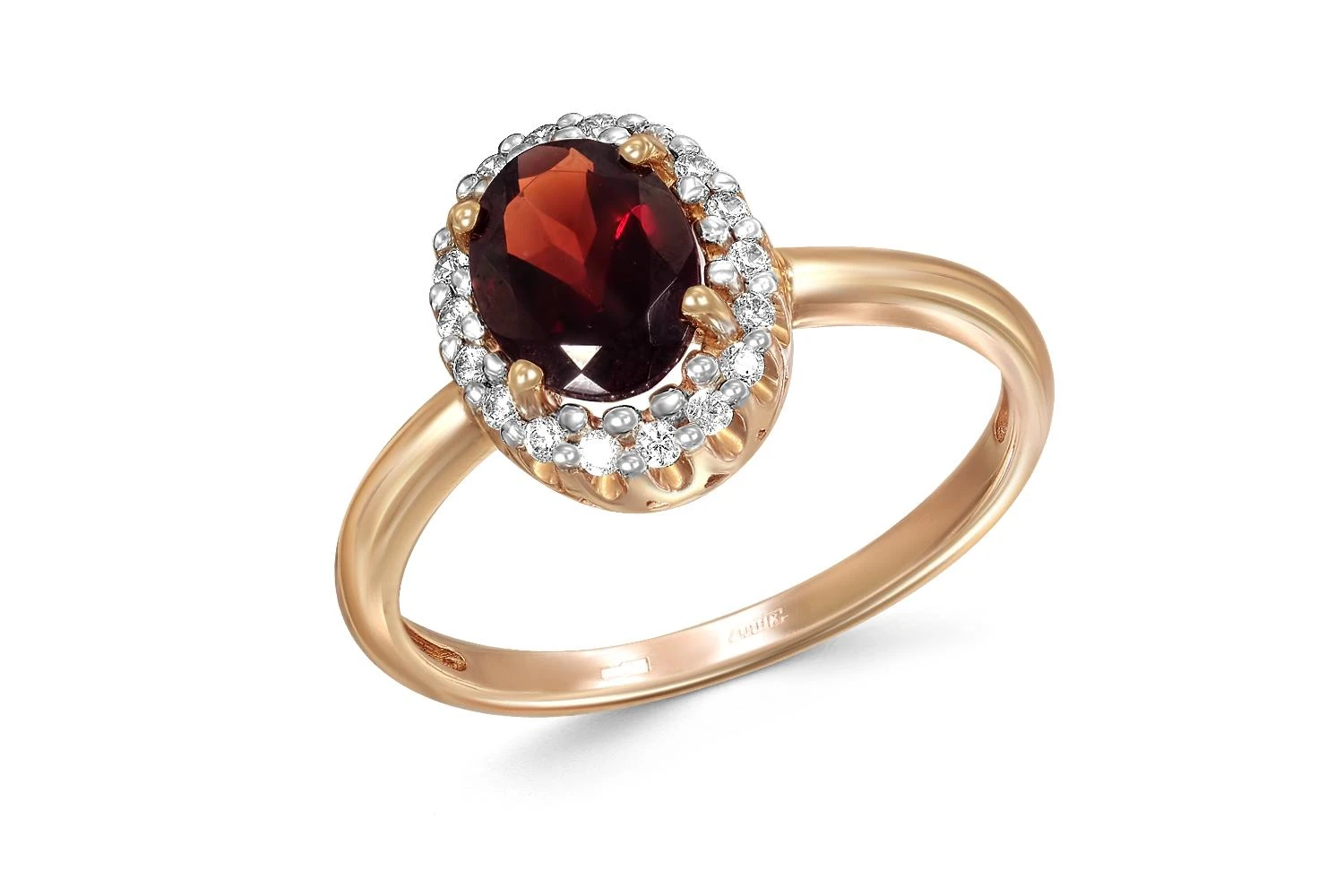 Кольцо из красного золота с гранатом и 18 фианитами