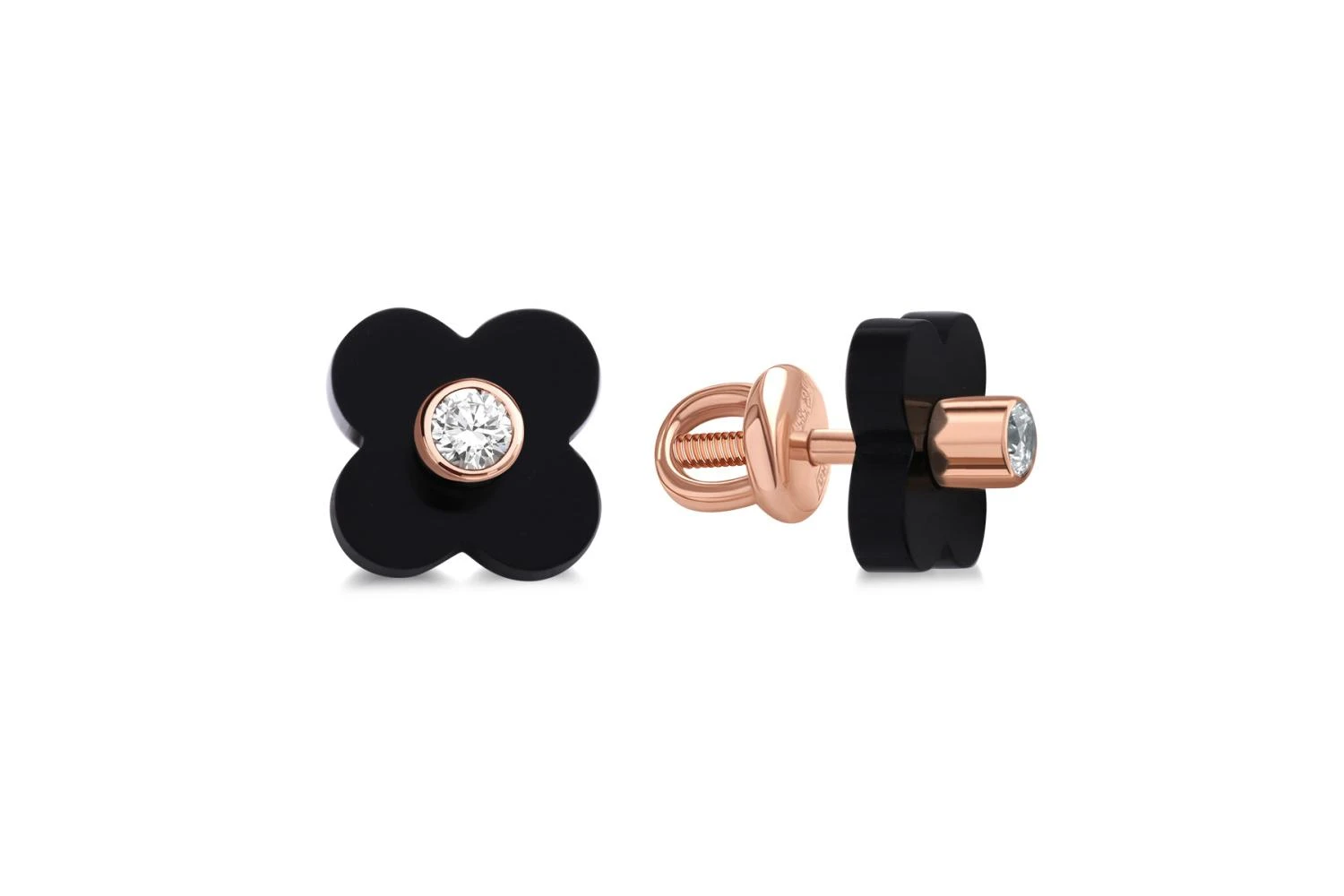 Серьги-пусеты Клевер из красного золота с 2 ониксами и 2 фианитами