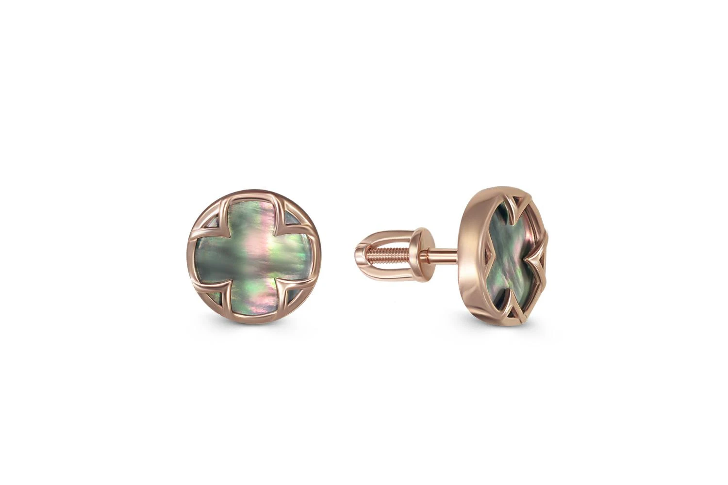 Серьги-пусеты Клевер из красного золота с перламутром