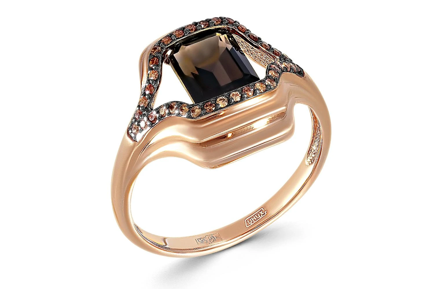 Кольцо из красного золота с раухтопазом и 36 фианитами