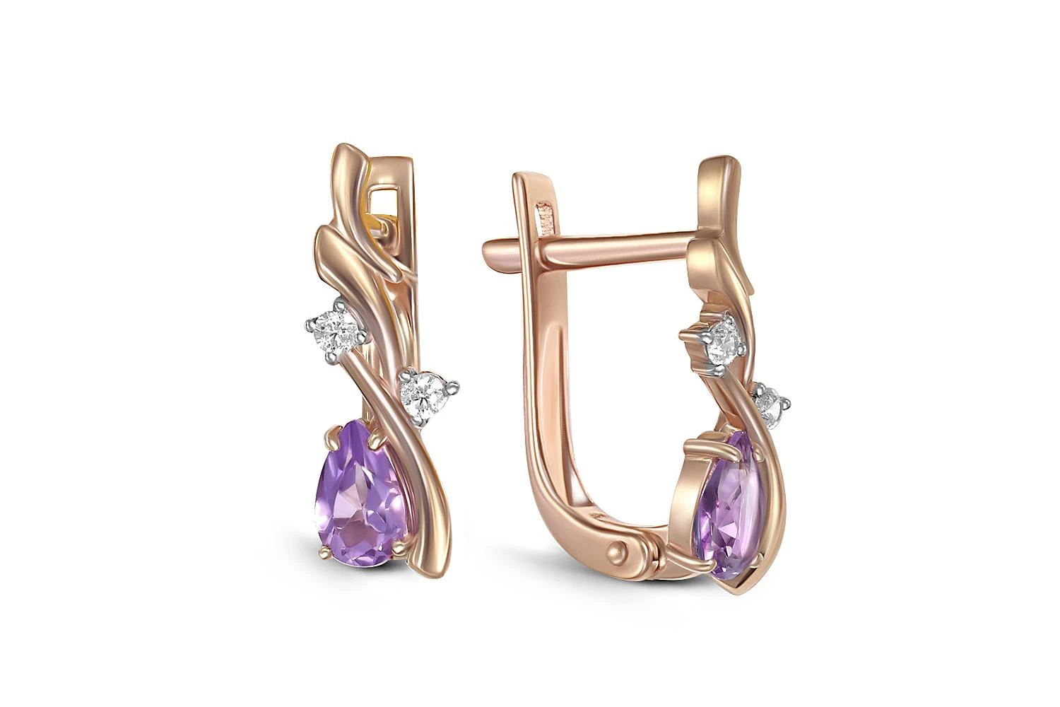 Серьги из красного золота с 2 аметистами и 4 фианитами